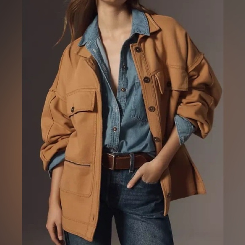NWT Pilcro Cotton Microfleece Full Sleeve Pockets Button-Front Jacket Honey